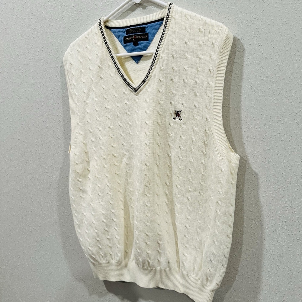 Vintage Tommy Hilfiger Golf Men V Neck Cable Knit Sweater Vest Cream szXL Preppy - Picture 4 of 14